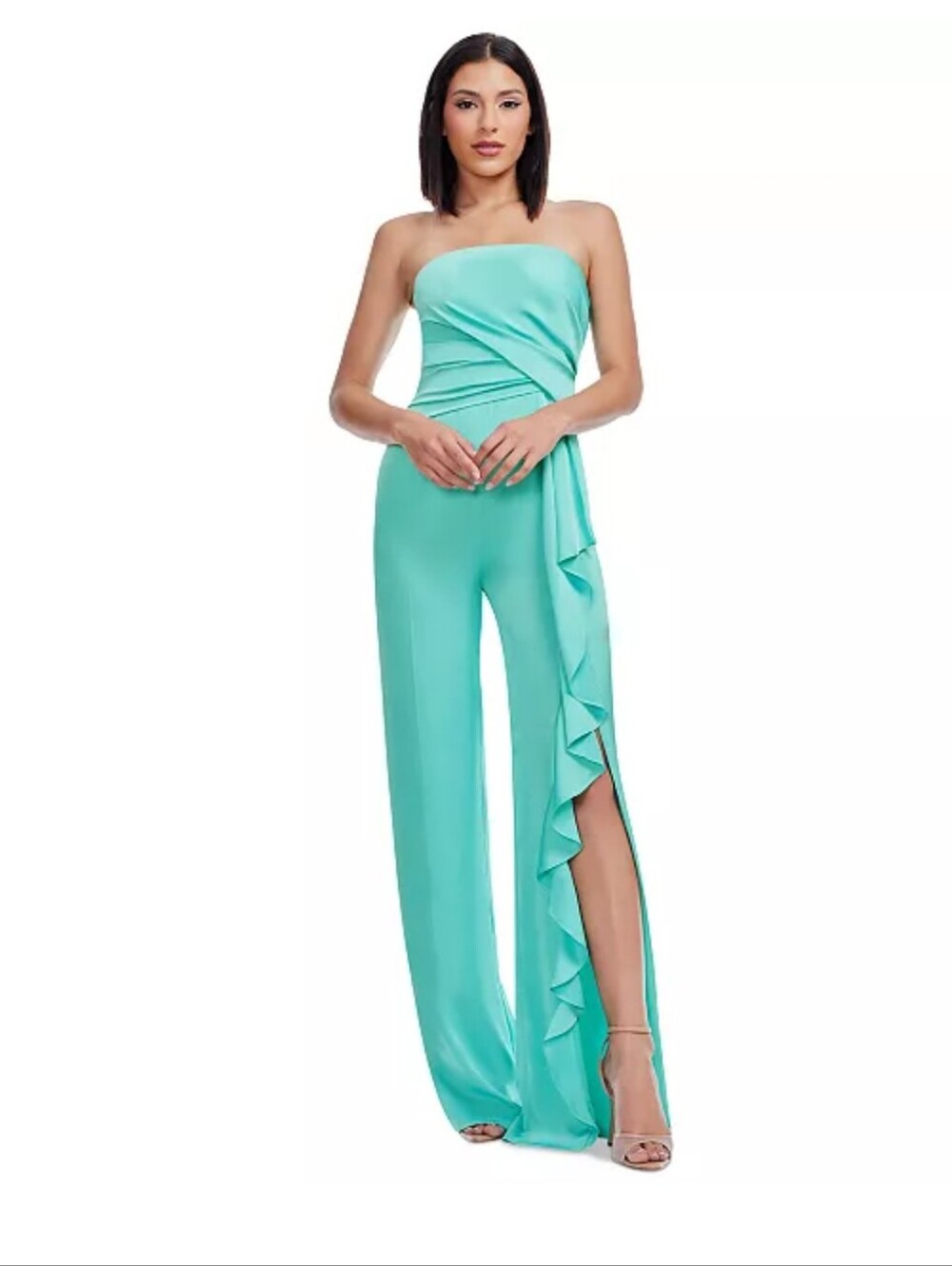 Dress The Population Mint Green Satin Wide Leg Jumpsuit Ruched Cowl Neck Size XS